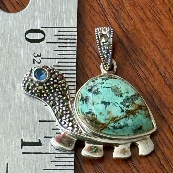 Sterling Silver Turtle Necklace with Genuine Number 8 Turquoise & Marcasite - Picture 5 of 5